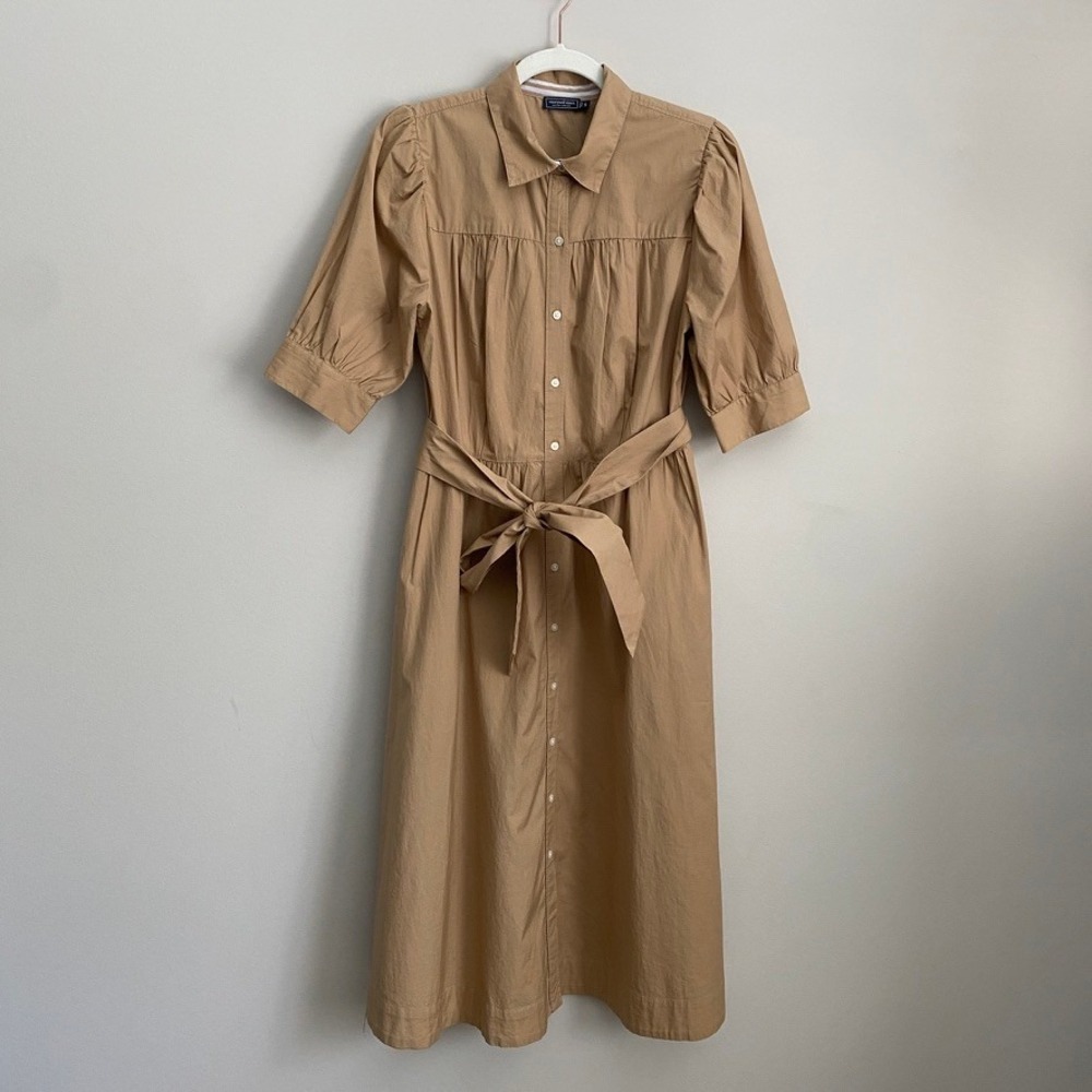 Vineyard Vines Midi Shirtdress Small Dress Khaki Puff Sleeve Quiet Luxury
